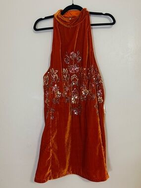 Free People Velvet Halter Mini Dress in Vibrant Orange